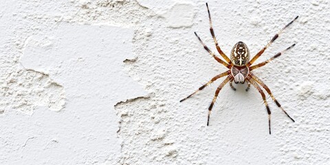 Spider on a texture of a white cement wall, showcasing the contrast between the spider s form and the white cement wall. This spider is elegantly positioned against a white cement wall backdrop.