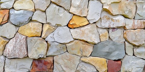 Canvas Print - Panoramic view of a textured stone fence garden rock wall featuring a closeup of a stonewall pattern. The stone fence showcases large limestone, slate slabs, and a mix of beige, grey, red, and yellow