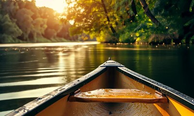 Wall Mural - front of canoe traveling on serene river at sunset, surrounded by trees