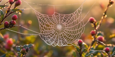 Wall Mural - delicate spider s web adorned with gleaming morning dew drops, showcasing the intricate beauty of th