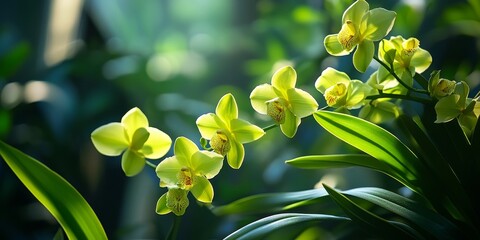 Wall Mural - the vibrant green leaves of the orchid flower are large and wide, beautifully illuminated by the mor