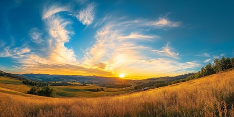 Wall Mural - Panorama of a stunning landscape captured during a golden sunset, showcasing the breathtaking beauty of the scene. This golden sunset panorama highlights the vibrant colors of the sky and scenery.