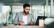 © peopleimages.com - Research, digital and man with laptop, office and investigative journalism for newsroom and online. Business, browsing and person with info for story, reporter and professional for project and desk