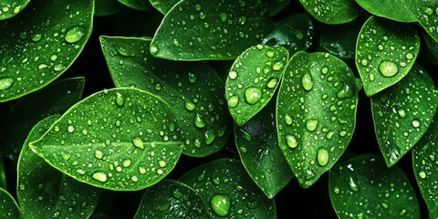 Wall Mural - green leaves adorned with droplets of dew reflect a serene morning atmosphere. the fresh greenery en