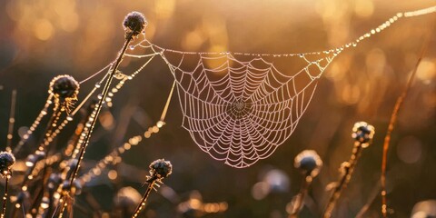 Wall Mural - delicate spider s web adorned with gleaming morning dew drops, showcasing the intricate beauty of th