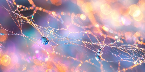 Wall Mural - The luminous glow of iridescent spider webs sparkles beautifully in the morning sun, showcasing the intricate patterns of iridescent spider webs in nature s art.