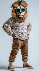 Leinwandbilder - A person wearing a lion mask and sunglasses poses in a stylish outfit.