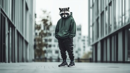 Leinwandbilder - A person wearing a raccoon mask stands in a modern urban setting, blending nature with style.
