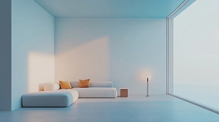 Poster - A minimalist living room with a sofa, cushions, and a lamp by a large window.