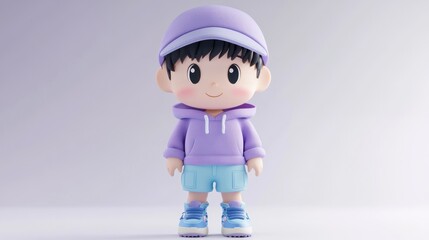 Aufkleber - A cute cartoon character wearing a purple hoodie and cap, designed for children's media.