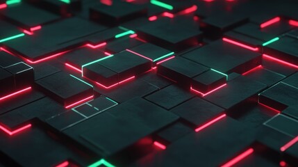 Aufkleber - Abstract digital landscape with glowing red and green lines on dark blocks.