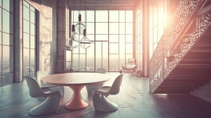 Poster - Modern interior featuring a round table, stylish chairs, and large windows with city views.