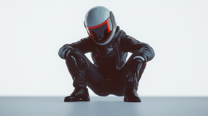 Fototapete - A futuristic figure in a sleek helmet and suit, crouching against a minimalist backdrop.