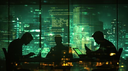 Aufkleber - Silhouettes of individuals working on laptops against a cityscape backdrop.