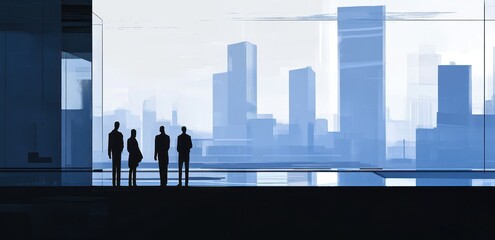 Fototapete - Silhouetted figures against a modern city skyline in shades of blue.