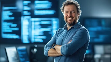 Poster - A smiling man stands confidently in front of digital screens displaying code in a tech environment.