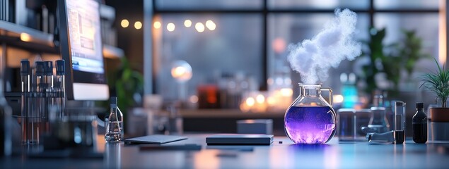 Aufkleber - A laboratory scene with a glowing purple potion and smoke in a scientific workspace.