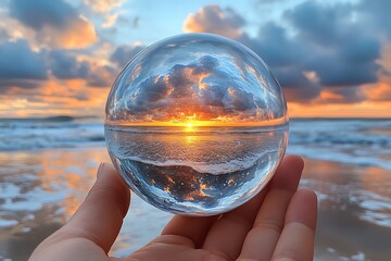 Glass Orb Captures Stunning Ocean Sunset Scene