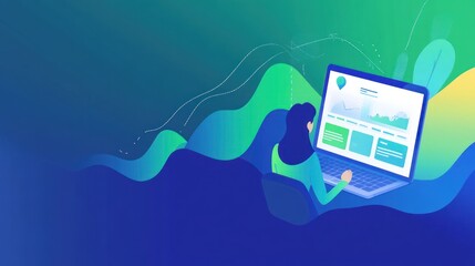 Fototapete - A digital illustration of a person using a laptop with data visualizations.
