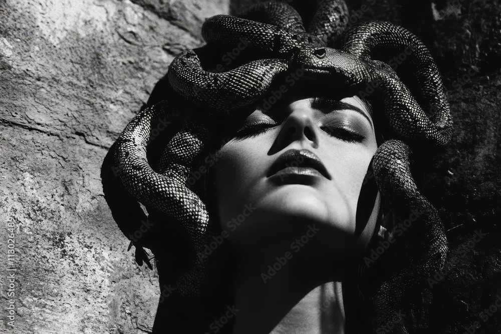 Black and white Medusa-themed portrait featuring a woman with a snake ...