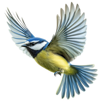 Vibrant Flying Blue Tit on White Background Transparent PNG background.