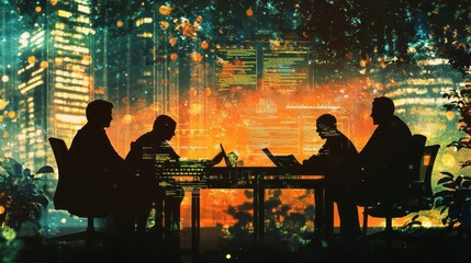 Fototapete - A group of people silhouetted in a meeting, surrounded by vibrant digital elements.