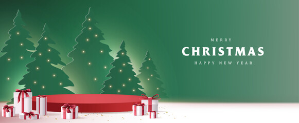 Wall Mural - merry christmas banner with product display cylindrical shape and christmas tree paper cut style