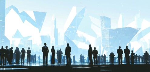Poster - Silhouetted figures against a futuristic cityscape with geometric shapes.
