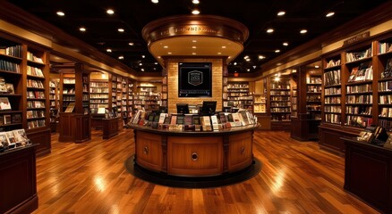 Aufkleber - A cozy bookstore interior with wooden shelves filled with books and a central display area.