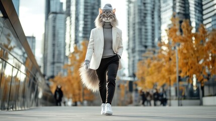 Leinwandbilder - A person in a fox mask walks confidently in an urban setting surrounded by tall buildings.