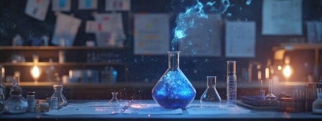 Poster - A laboratory scene with a glowing blue potion in a flask, surrounded by various glassware.