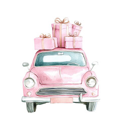 Wall Mural - Front view of a pink vintage car carrying wrapped presents, capturing festive elegance. Perfect for holiday cards, prints, and seasonal crafts