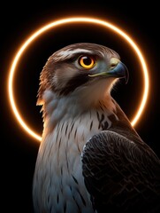 Poster - A majestic hawk with a glowing halo effect, emphasizing its fierce gaze and beauty.