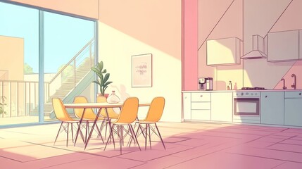 Poster - A bright, modern kitchen and dining area with minimalist design and natural light.