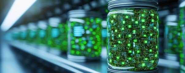 Leinwandbilder - A futuristic scene featuring illuminated jars filled with vibrant green circuits, suggesting advanced technology or bioengineering.