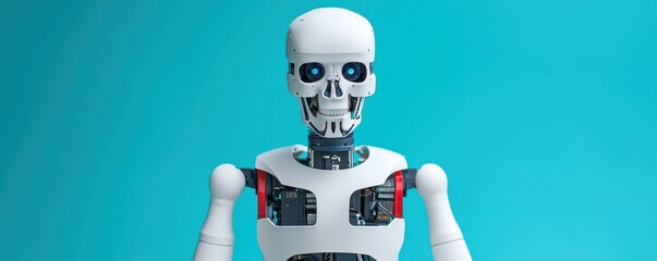 Fototapete - A futuristic robot model with a skeletal design and visible circuitry, set against a vibrant blue background.