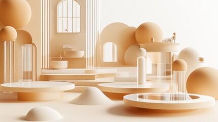 Aufkleber - A minimalist 3D environment featuring soft shapes and neutral tones, emphasizing tranquility.
