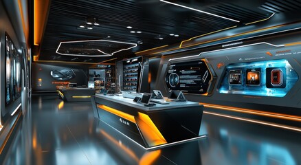 Poster - Futuristic tech showroom featuring sleek displays and interactive screens.