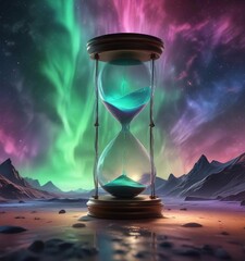 Wall Mural - hourglass floating amidst an aurora-like environment with shimmering colors and luminescent gases, s