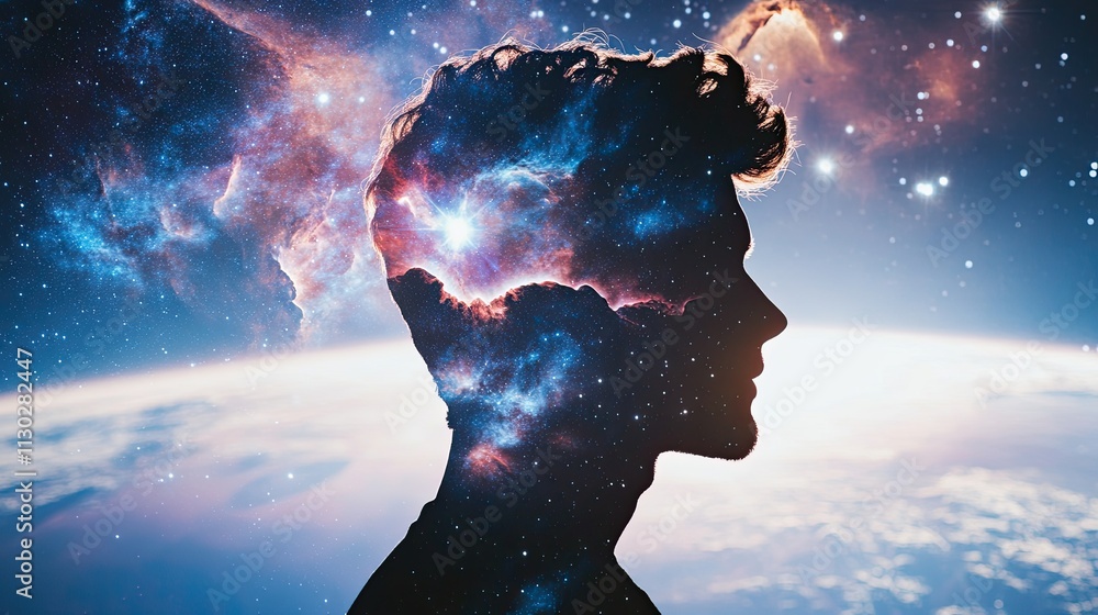 Cosmic Mind: A Silhouette of a young man's head merges with a vibrant ...