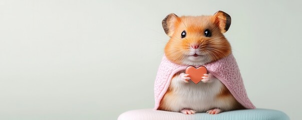 Wall Mural - Pet in Valentine's costume Concept. Cute hamster wearing a pink cape, holding a heart-shaped treat