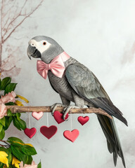 Canvas Print - Pet in Valentine's costume Concept. Gray parrot wearing a pink bow tie with heart decorations