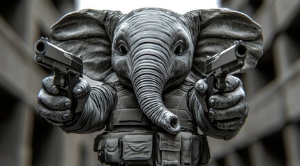 Poster - A stylized elephant in tactical gear, holding guns in an urban setting.
