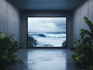 Leinwandbilder - A serene interior space with a large window showcasing a stormy ocean view and lush plants.