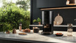 © INT888 - Modern coffee maker on stylish kitchen countertop with snacks