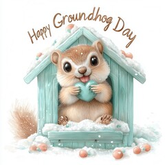 Wall Mural - Whimsical watercolor concept of Groundhog Day. Cute squirrel in a snowy house celebrating Groundhog Day