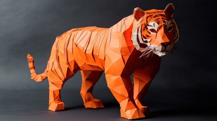 Leinwandbilder - A vibrant paper sculpture of a tiger, showcasing intricate geometric designs and colors.