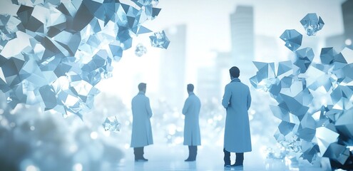 Poster - Scientists observing crystalline structures in a futuristic urban landscape.