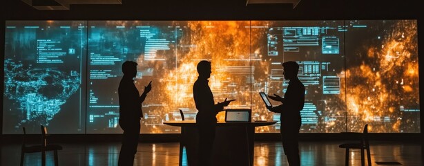 Aufkleber - Silhouetted figures discuss data against a vibrant, digital backdrop of technology and information.
