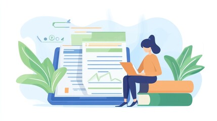 Aufkleber - A person working on a laptop with documents and plants nearby.